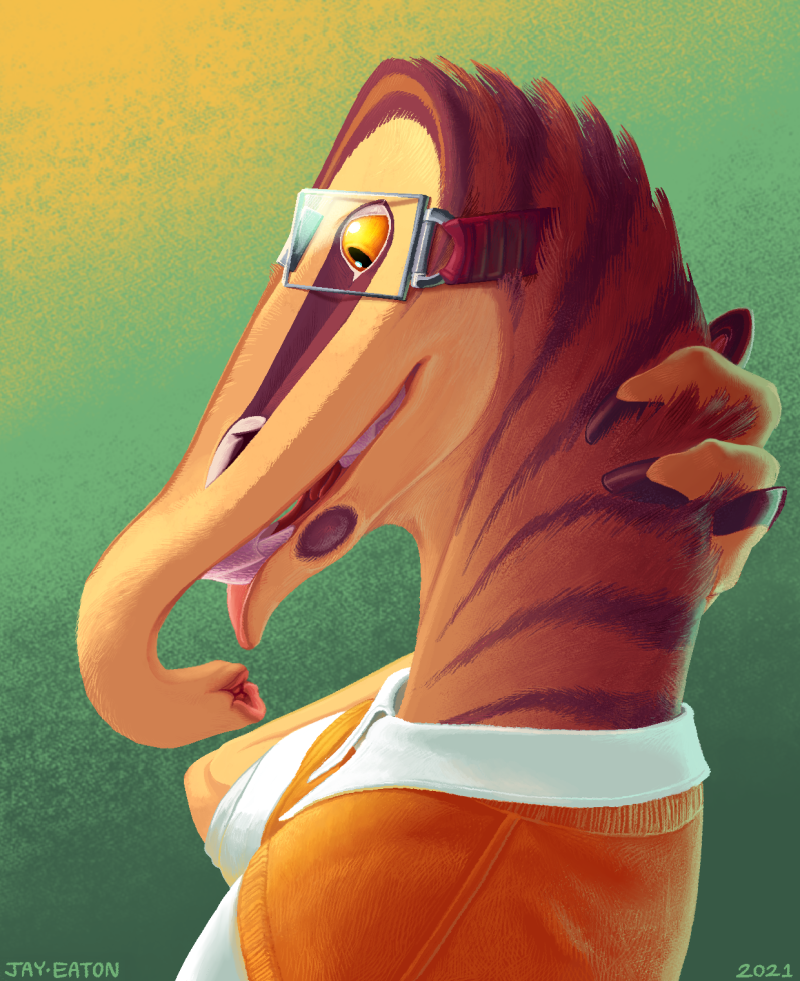 Portrait of Talita. She is a large alien with a flat, owlish face, large yellow eyes, tapir like trunk, tiger stripes, and symmetrical four fingered hands that end in hooves. She is wearing an orange sweater vest, white collar shirt, and looking bashful.