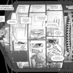 THE RUNAWAY'S HABITAT MODULE A cutaway shot shows Talita following the worms, exiting the docking ring and walking carefully through the lower storage room that connects the habitat module to the rest of the vessel. Bip's avatar follows, appearing to walk along the doors of the cabinets, the vector lines of their body interrupted by seams and handles as if they were a painting behind them. Bip: Sorry about the bumpy terrain, "gravity" in here isn't supposed to go sideways. First Floor: Kitchen and Commons The habitat module resembles a four story building lying on its side. Each floor's main space is a ring around the central spine and elevator shaft. The first floor contains a living space with a screen, seating areas, food preparation and storage areas, all clean and empty. It's the area that had a hole in it that Talita peered through on first her look inside the Runaway, but the spotless interior and large wall patch makes it almost unrecognizable. Talita leans over the considerable drop to the far wall of the kitchen to poke her head into the living room. Talita: Wow, you really cleaned this place up. Bip's avatar slides around the 90 degree bend between floor and wall, elongating, appearing larger than Talita. Bip: I did what I could with the electrician worms and onboard actuators. Second Floor: Crew Dormitory Talita walks through the spine, surrounded by open doors to rooms with a much messier interior. Furniture has been knocked loose and tumbled around these rooms, settling to the lowest walls were gravity has pushed it. Strangely shaped chairs, beds, handmade chests, tables, desks, and things smashed beyond recognition fill these otherwise barren rooms. Bip goes with Talita, elongating further and winding their avatar's body around the curve of the spine through multiple room floors. Bip: A lot of the heavier objects still need to be secured or removed, though. Third Floor: Passenger Dormitory Talita leans through one of the open room doors and smirks at Bip's giant avatar displayed on the wall. Talita: Are ALL of the walls in here electrowetting displays? Bip's avatar and two nearby worms strike a pose. Bip: Much classier than a tablet screen with wheels, don't you think? Talita: The tablet with wheels would be more useful for moving furniture... Fourth Floor: Bip's Servers Furthest up the spine and shielded by the thickest walls on the vessel is a command room. The thing Bip essentially is, the animator casting shadow puppets inside the walls of their own body, is a ring of 40 server boxes fixed to the upper corners of the room.