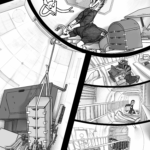 A montage of panels shows Talita removing furniture from the interior of the Runaway. Bracing against a door, face contorted with effort, she pulls on the moving straps to lift a cabinet that has fallen against the exterior wall of a cabin room next to a smashed and dented desk. Inside the room, the electrician worms help lift and guide the furniture so it doesn't swing and scrape against anything. The walls and floors of the wedge shaped cabins show ghostly lines of where furniture used to be attached, and people used to walk. On the floor of the interior room (which with current gravity, is a wall) Bip's avatar waves at her nervously and appears to watch her progress.  Talita adds the cabinet to her pile of removed furniture in the interior room. She carries a piece of furniture under her arm, stepping over the bulkhead dividers between the floors of the habitat module. Then she places the cabinet down carefully into the four sided docking ring room, where a pile of removed furniture is slowly growing in size.