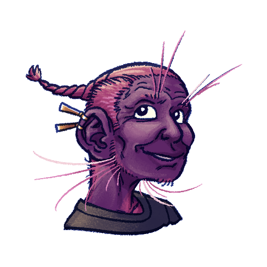 A portrait od Ranni, and tailed spacer with dark purple skin, and copper-pink hair shaved on the sodes with the top pulled back into a thin braid. She has long gold earrings that float upward away from her face.