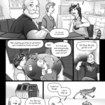 The view pulls back to show three people seated around the coffee table in a kind of break room, with a sink and cabinets in the background. An e-panel on the wall with a mangled pen cord shows smiling human children and the name "Garriton Teen Village." Mel is younger, with less grey in their hair and no beard. Otília is a middle-aged tabby catgirl, with striped hair in a loose braid over her shoulder. The other person is a bald man with a thick white beard, black metal band shirt, ear piercings, and sparse eyebrows. Mel: Yes, I’d love to talk more with her. Otília: I texted her, but she’s still in her room. Even alien teens are moody, apparently. The man looks over his shoulder out the window and mutters to himself in Portuguese. The man: Hm. Ela está nos espionando… Otília: Mel, anything you'd like to ask before your prospective foster arrives? Mel: Well… Is it true she was anonymously surrendered in a pet carrier? Otília turns to look at the man on the couch. Otília: Ask Doug. We only got her at 15. Doug: Yes. She was six months old, recently pupated. Only this tall. Doug gestures with his hands, showing a height of about 30 centimeters. Inset panel: A pet carrier shows two familiarly round eyes peering out of the darkness behind the wire door. Mel: Wow. Doug: Could run, though. Like a little cat. Doug smiles, Mel strokes their chin incredulously. Inset panel: A little naked creature covered in a coat of wiry spotted feathers runs out of the pet carrier on six long knobby legs ending in tiny four-toed bird-like paws with hooves, with round staring eyes above dark eye-stripes, a tiny tucked trunk, and two tiny spinnerets where a tail might be on an Earth animal. It is familiarly Talita-shaped, but of infantile proportions.