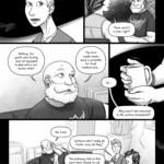 Mel: Do you think she's a trafficking victim? The comic panel background dips away, showing a black void behind Mel's head. A gulper eel swims by. Doug: Hard to say. Otília: There wasn't a note, right? Doug: Nothing. Our youth care facility was not equipped to deal with a non-human infant. The first couple weeks were a scramble for food, medical care… Mel: So… They rub their thumb along the top of their mug awkwardly. The panel background of the brightly lit break room dips away again. An abyssal plain can be faintly seen, a lone squid drifting slowly over it. Mel: …Why wasn’t she returned to the centaur homeplanet? Doug: We tried. Otília's brow furrows. Otília: Centaurs don’t really do foster care, do they? Doug: The embassy told us that most clans choose to cull unclaimed infants.