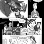 Doug: By the time we had arrangements for her here, it was easier to just– He rubs the back of his head, gesturing with the other arm helplessly. Doug: –Keep doing it, than find a clan with a matriarch willing to adopt. Mel: Well, I hope I can provide her with some stability going into college. The panel background is absent. A school of lanternfish flicker past in the inky blackness over Mel's head. Mel: It was a hard enough transition for my two bio kids, but with her circumstances… Doug: We’re thankful for your help. Jovia cuts foster sponsorship on her 18th birthday. The window of the room no longer shows sun and leaves, but open black water. A deep-sea ray swims past. Otília checks her phone and frowns in irritation. Otília: It’s been ten minutes. Should I bang on her door? Doug smiles as Otília gets up from her chair. Doug: Isn’t her room just above us on the second floor? Otília: Oh– yes. Why? The abyssal plane lurks behind the comic panel, sea cucumbers and brittle stars crawling languidly over the ooze.