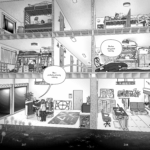 Doug: She's probably already listening. She has very good hearing. Talita looks up from where she has pressed her face against the corner wall of her bedroom with a start. She is younger, with round glasses and large baggy black hoodie. Both the humans around the coffee table and Talita in her bedroom are shown in an impossibly clean cross section of the entire building, which cuts through windows, walls, furniture, and objects with atomic precision, revealing their interior structure. Next to the break room with Doug and the others is a reception area with a desk and mailboxes. It's decorated with a banner of colorful eggs and flowers, and a large paper wall art "reading "HAPPY FEASTER!" flanked by vegetables and a cartoon chabbit holding a broom.  On the floors above the break room and the lobby are the dormitories for foster teens, with hallways in the middle. Next to all the dormitory bedroom doors hang miniature decorated brooms, some doors with many more brooms than others. Each of the bedrooms is in a different state of disarray, all with multiple bunk beds and teenage residents who have decorated and arranged their belongings in unique ways. Talita’s bedroom in contrast houses only her, with a large mattress on the floor and an electronics work desk in between her dressers. The ceiling light fixture is unscrewed, with its wiring split between the light and a cable running towards the work desk, seemingly as another source of power after all the wall outlets were occupied by splitters and extension cables. Her posters and decorations feature human celebrity heart throbs and aircraft. Wind spinners hang in front of her window. Outside the cross section, even more impossible, is Earth's deep sea. The building appears to sit directly on the abyssal plain, its cut rooms open to the environment as if the surrounding water were just more air. Brittle stars and sea pigs crawl on the ground next to the floor of the lobby, while crinoids pop up outside the break room like flowers. A group of snail fish swim lazily around the bisected edge of the break room’s window, and far off in the distant dark waters, a bigfin squid drifts by.