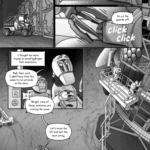 In the pit with the Runaway, a frontloader positioned in front of a row of frames containing hydrogen gas tanks holds its manipulator arms as if it were a human with its hands on its hips. Bip: But the solenoids on the transport tanks have these caps with an awkwardly positioned guard ring. I can't grip them with the frontloader claw fingers, and the worms aren't strong enough. One of the frontloader claws uselessly pinches the guard ring. SFX: click click Talita: So cut the guards off. Bip: I thought we were trying to avoid hydrogen tank explosions. Talita rolls her eyes. Talita: Well, then, wait. I don't have time this week to run errands on the clock. She looks up from the electrical box on the ground in front of her and switches radio channels. SFX: clk Talita: Alright, none of those antennae are causing the issue. Let's move the lift and test the next array. She is speaking up to Adam and Yao, who are on the fully extended platform of a large scissor lift next to a short radio tower covered in dozens of mismatched radio antennae. Yao pulls cables from the side of the antenna they're next too, while Adam slouches against the platform railing, doing nothing. In the regolith around the base of the radio tower are the tracks left behind from the scissor lift repeatedly being extended, retracted, moved, parked, and extended again many times.