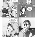 Yao: Oh, the velvet came off your antlers. Talita looks down at Yao's snap-on antlers. Talita: …Yeah? Yao: Was it bloody and painful? Talita pauses vacuuming and rubs her arm awkwardly. Talita: Er… there’s… blood… But it doesn’t hurt when the skin comes off. After the bone finishes growing, there’s not really any pain receptors left. Adam, who is standing to her left, looks up at her resentfully.