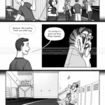 Adam: Ugh, ok! Since you grabbed me, I thought you'd be fine with it! He waves a hand dismissively and walks off, flanked by Phoebe and Dominic. Yao follows after them at a distance, looking back at Talita uncertainly. Phoebe and Dominic whisper to Adam, still unaware Talita can hear them. Phoebe: You trying to get fired? Dominic: Screw that– are you trying to get gored?? Adam: Whatever. We’re getting “fired” soon either way. It’s not like it’s gonna use those things, anyways. Talita tenses at his words with an electric shock of fury, gripping her face and clenching her jaw as if she could curl inwards until she imploded. Then the temps are gone. She slumps down to the floor of the changing area. The massive vehicle bay room is empty.