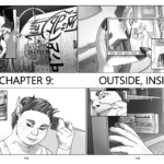 Chapter 9: Outside, Inside Talita is shown repainting the centaur text on the outside of the Runaway where the hull patch has covered up the message. She and two electrician worms stand on a hanging crane lift with foam brushes, with the worms leaning perilously outside the railing to reach parts of the text. Inside the Runaway, Talita takes a photo of the cleaned up interior living space. Bip's avatar coils into the frame on the walls, winking and sticking out a tongue while throwing up a V-hand sign that is obviously a photo graphic of a human hand pasted over their vector arm. Talita smiles, standing in her socks on the exterior wall of the sideways room. Gillie is shown redying her hair "Ember Orange," with a dye brush in her gloved hand. She is in a stained white tank top with her wet hair brushed into a mound on top of her head, away from her ears, forehead and neck. Her eyebrows are also wet with color. Finishing application, she notices with sneering annoyance that her mystacial whiskers are growing back in. She opens the rather barren medicine cabinet looking for a tool to deal with them, but the only thing on the shelf is an open medicine box for her prescription of Estradiol—Dissolving Subcutaneous Implants, 0.125 mg/day, "for human use only."