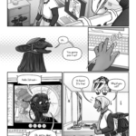 Talita and Idrisah exchange a panicked look. Cheevwut: Uh… You gonna pick it up? Idrisah quickly taps the enter key to pick up the call. Ranni's wrinkly whiskered face appears on the video call screen, with the tubular space station interior behind her. It is cluttered with decades of memorabilia. The bulkhead doors are ringed with circular drawstring curtains, the hatch handles and hand holds are covered with crocheted cozies, and family picture frames are attached all over the floorless walls. Paul floats behind Ranni, upside-down from the camera's perspective, using a computer console surrounded by duck figurines and childrens' artwork. Ranni: Hello Idrisah– Oh, sorry, dear, I forgot you were packing up today! Should I call Ohwitiil instead? Idrisah tries to conceal her terror. Cheevwut peeks over her shoulder nosily. Talita crouches behind the cubicle wall, trying to hide. Idrisah: Hi Ranni! It’s fine! Why’d you call?