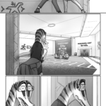 Talita rounds the end of the hallway leading to the recycling plant's exit atrium, looking for Mel. Talita: Mel? Mel is standing in the middle of the atrium, talking to four of the adult centaurs from yesterday. Talita freezes, then tries to quietly walk away before they spot her.